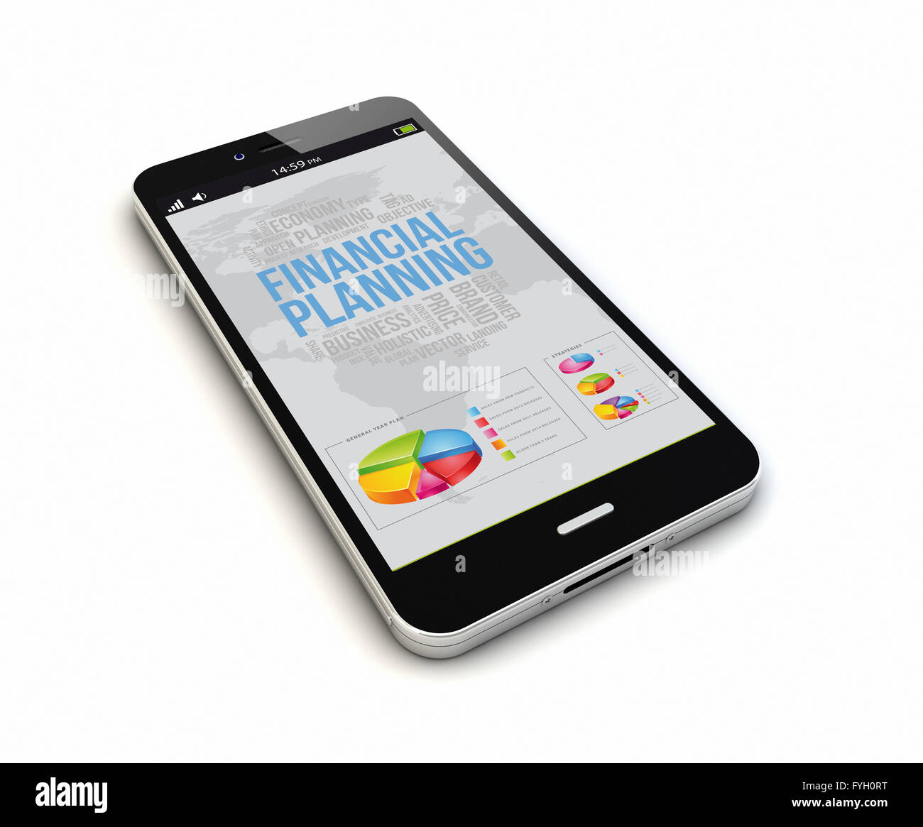 render of an original smartphone with financial planning on the screen. Screen graphics are made up. Stock Photo