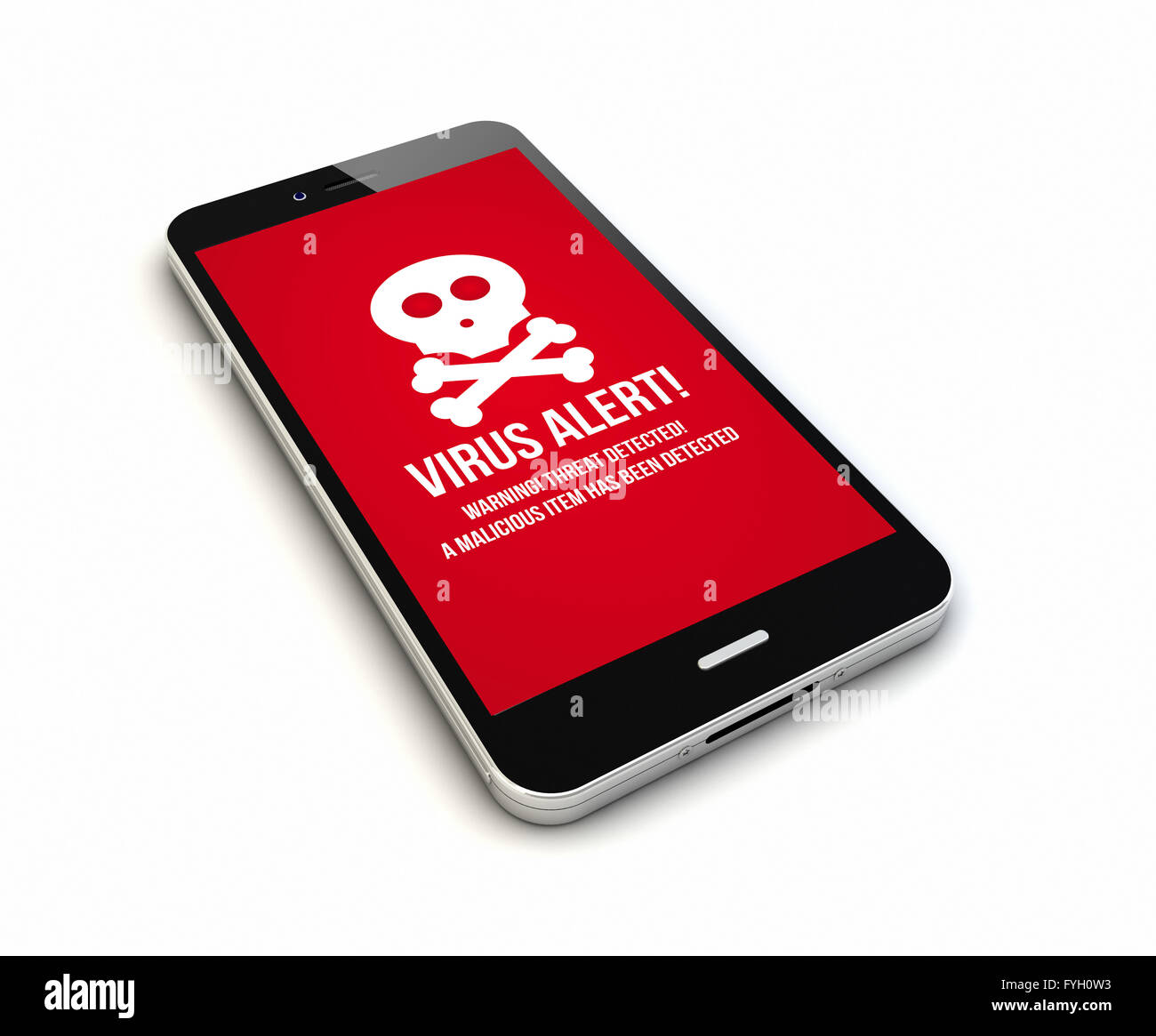 render of an original smartphone with virus alert on the screen. Screen graphics are made up. Stock Photo
