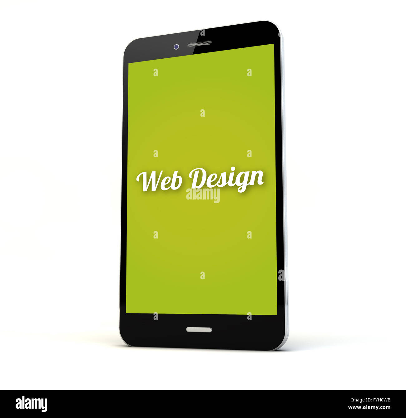 render of a phone with web design on the screen isolated. Screen graphics are made up. Stock Photo