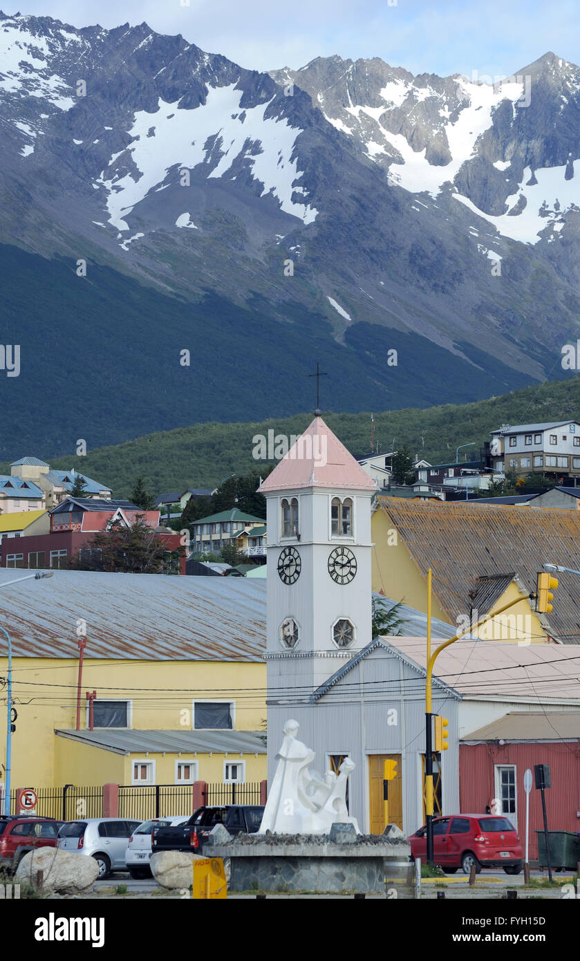 The old Catholic  Parish Church of Ushuaia. It was built in 1898 and is now a  National Historic Monument. Ushuaia, Argentina Stock Photo