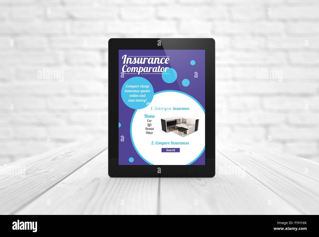 communications concept: render of a tablet with insurance comparator on the screen. All screen graphics are made up. Stock Photo