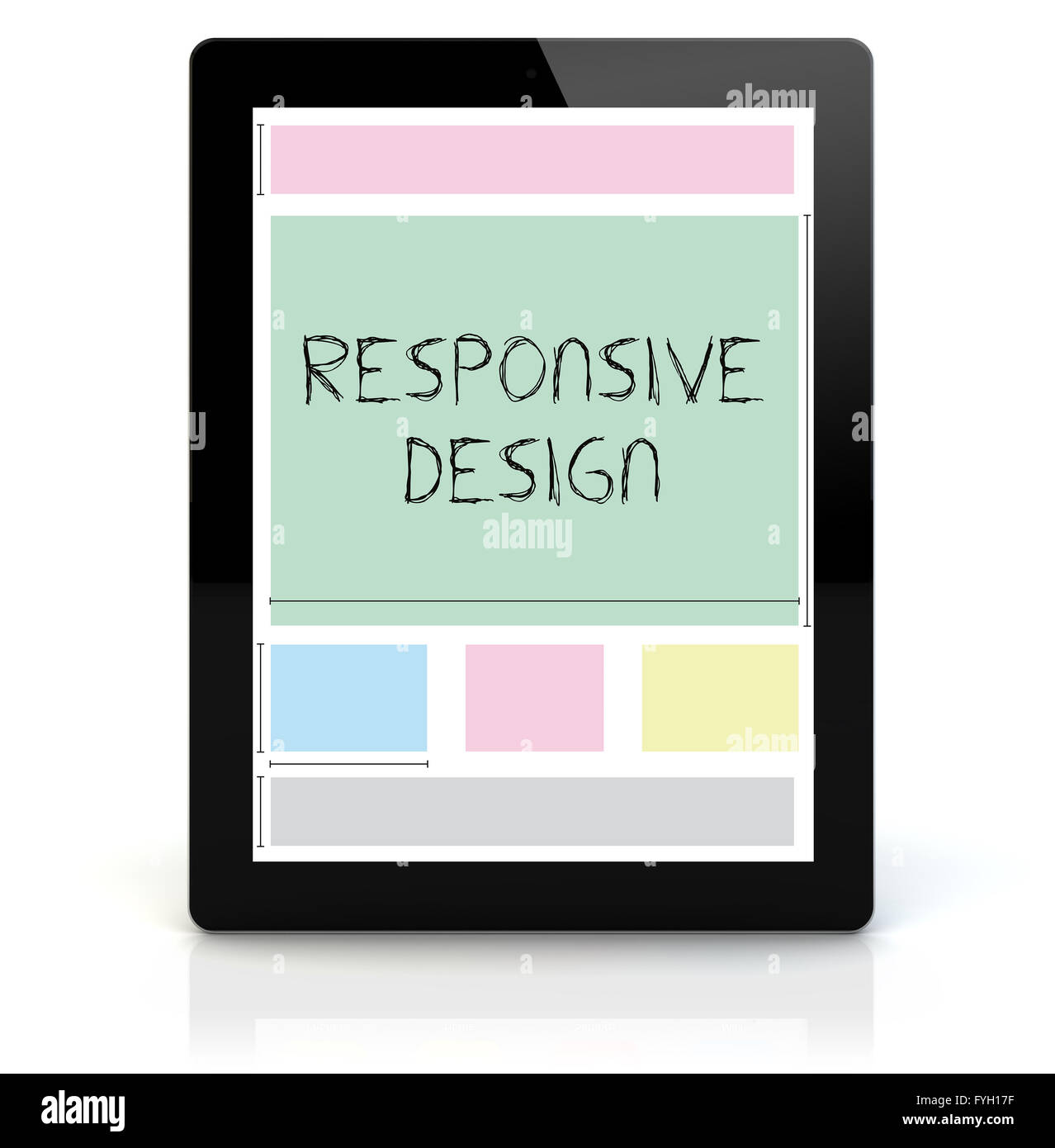 web design concept: render of a tablet pc with responsive wireframe on the screen Stock Photo