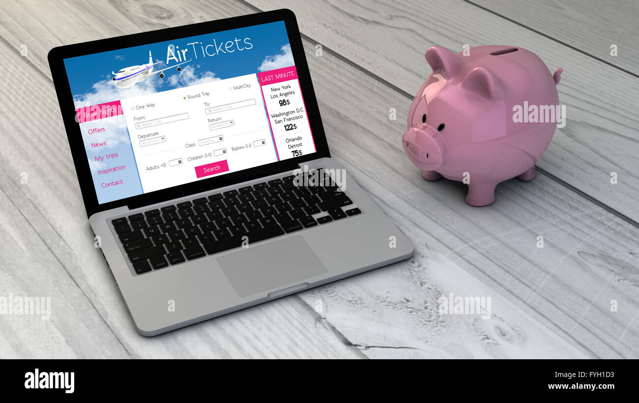savings concept: piggybank and tickets flight web laptop over wooden desk. All screen graphics are made up Stock Photo