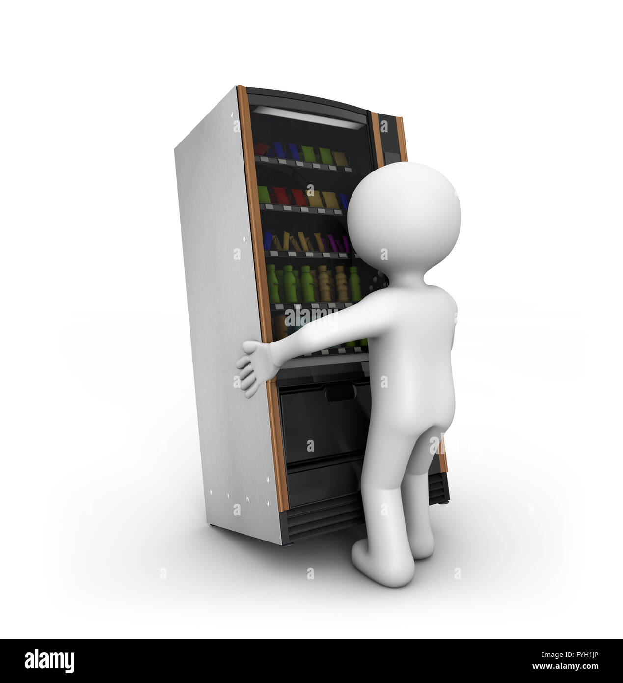 angry man pulling a vending machine with a snack jam Stock Photo