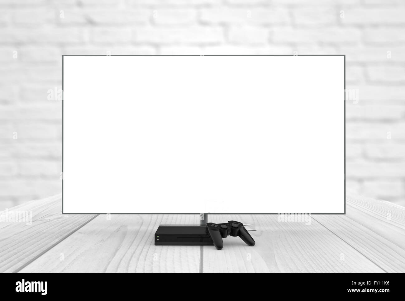 empty television screen with game console and gamepad digitally generated Stock Photo
