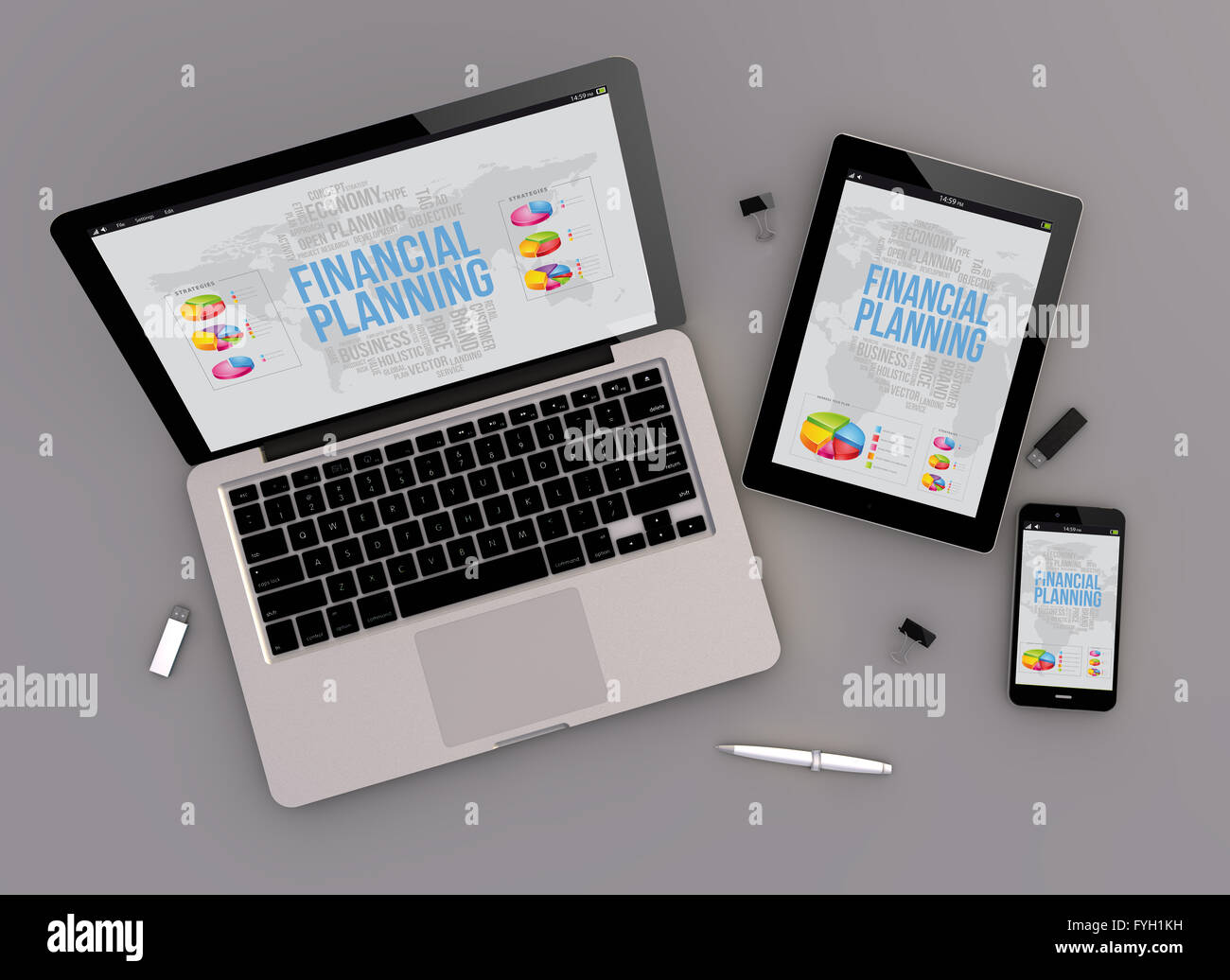 3d render of financial planning responsive devices with laptop computer, tablet pc and touchscreen smartphone. Zenith view. All Stock Photo