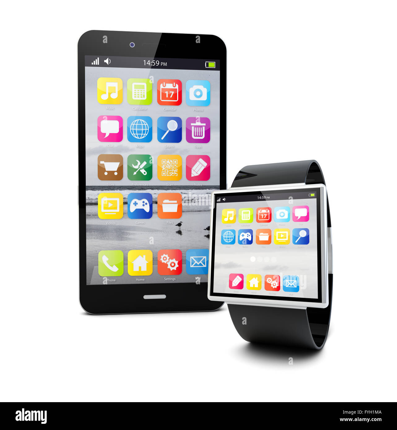 Mobile connectivity and business mobility wireless communication concept: smart watch and touchscreen smartphone with  isolated Stock Photo