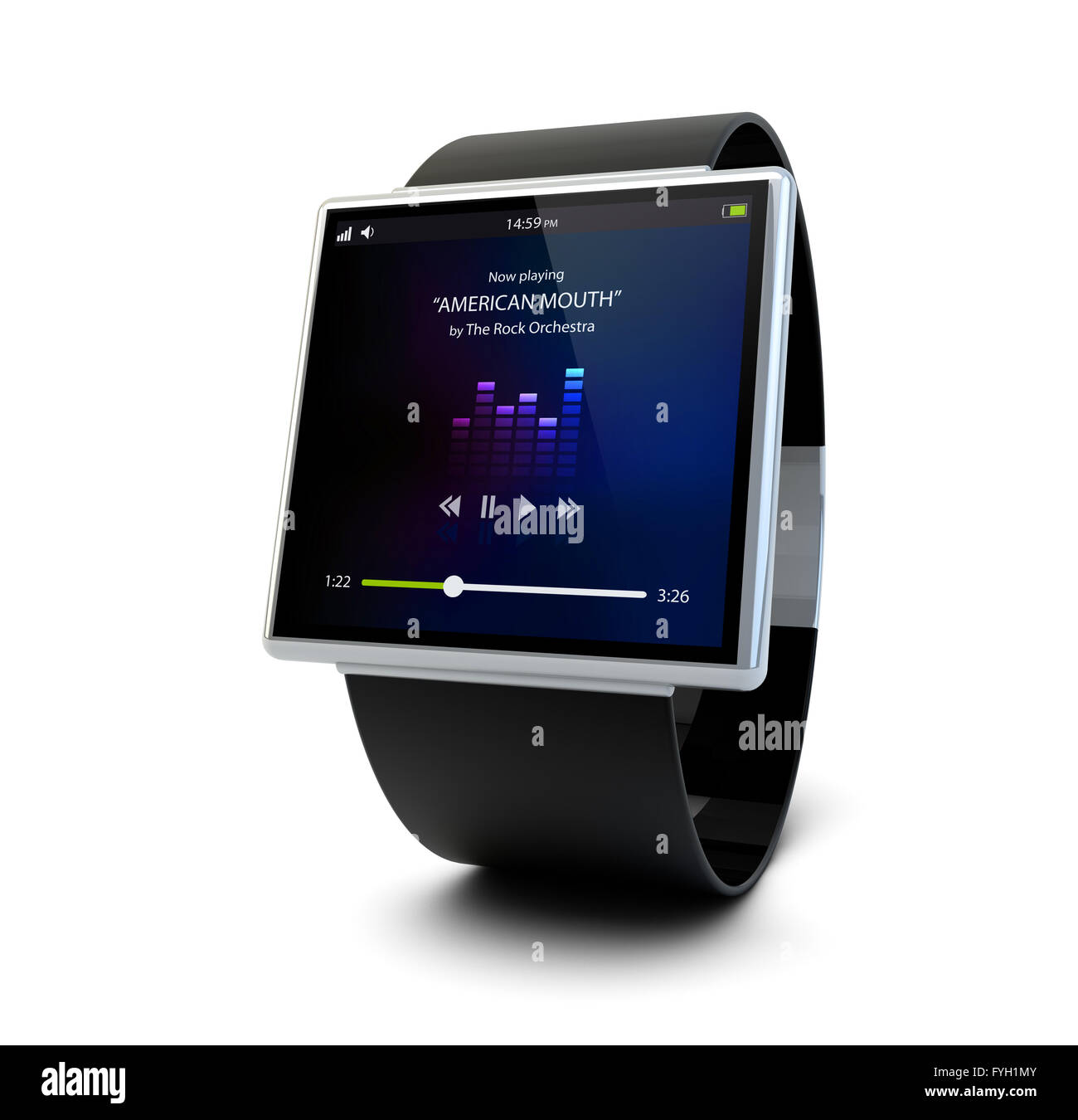 conceptual smart watch with music app on the screen isolated on white background Stock Photo