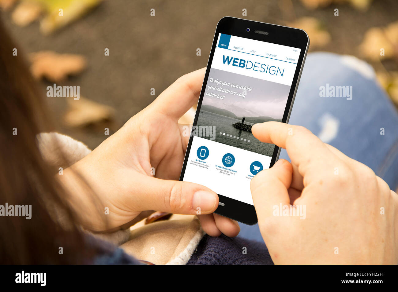 responsive fluid design concept: woman holding a 3d generated smartphone with web design site on the screen. Graphics on screen Stock Photo