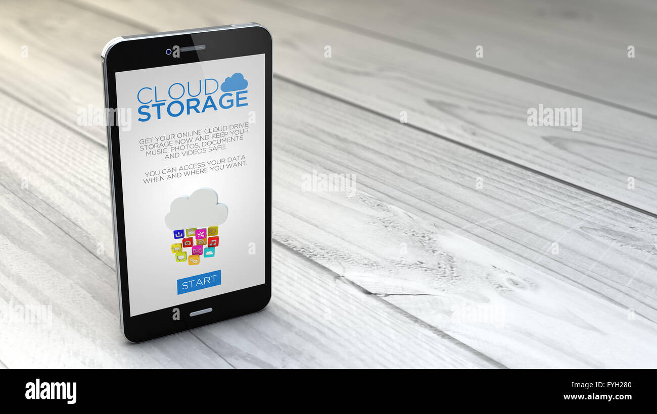 cloud storage concept: digital generated  smartphone over white wooden background. All screen graphics are made up. Stock Photo
