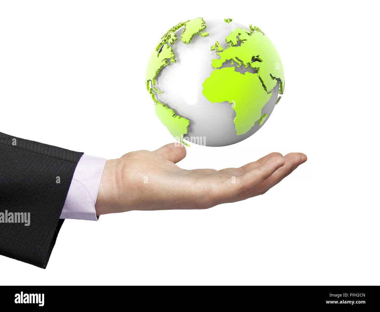global concept: earth render focused on europe and afrika over a businessman hand Stock Photo