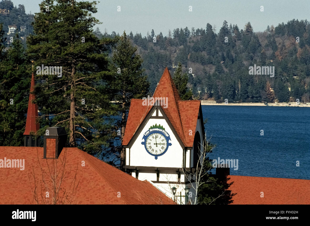 A clock tower dominates Lake Arrowhead Village at the edge of its namesake lake in the mountains