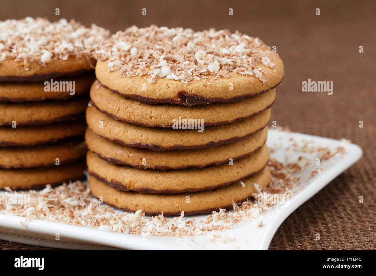 Round cookies with chocolate in a plate Stock Photo