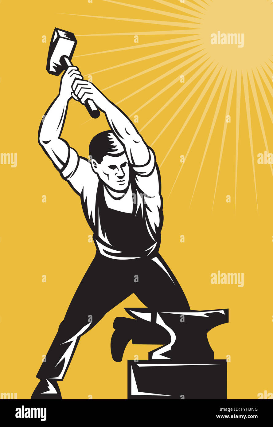 blacksmith with hammer striking anvil Stock Photo - Alamy