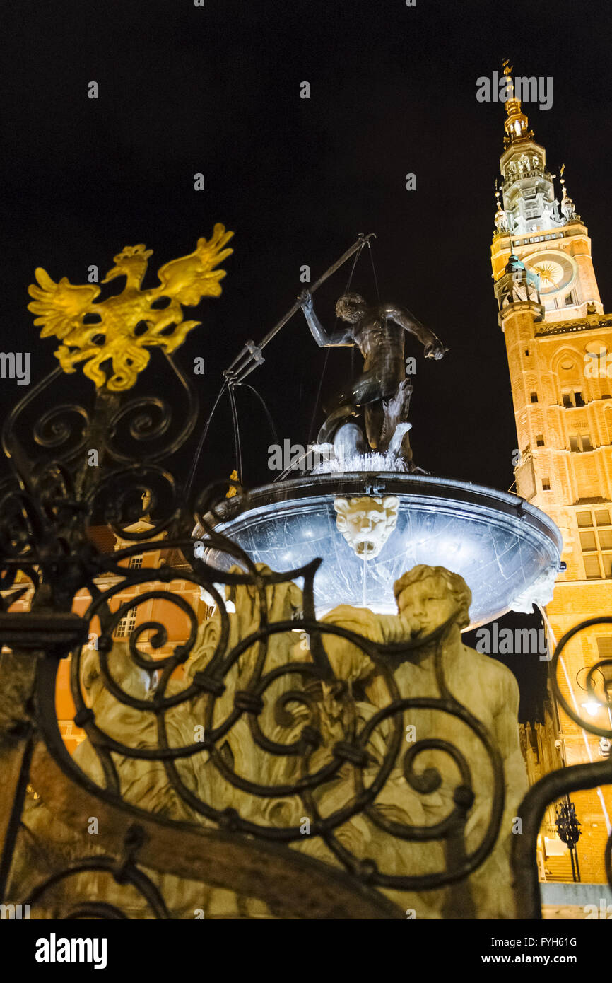 Neptune's Fountain in front of Town Hall, Gdansk Stock Photo