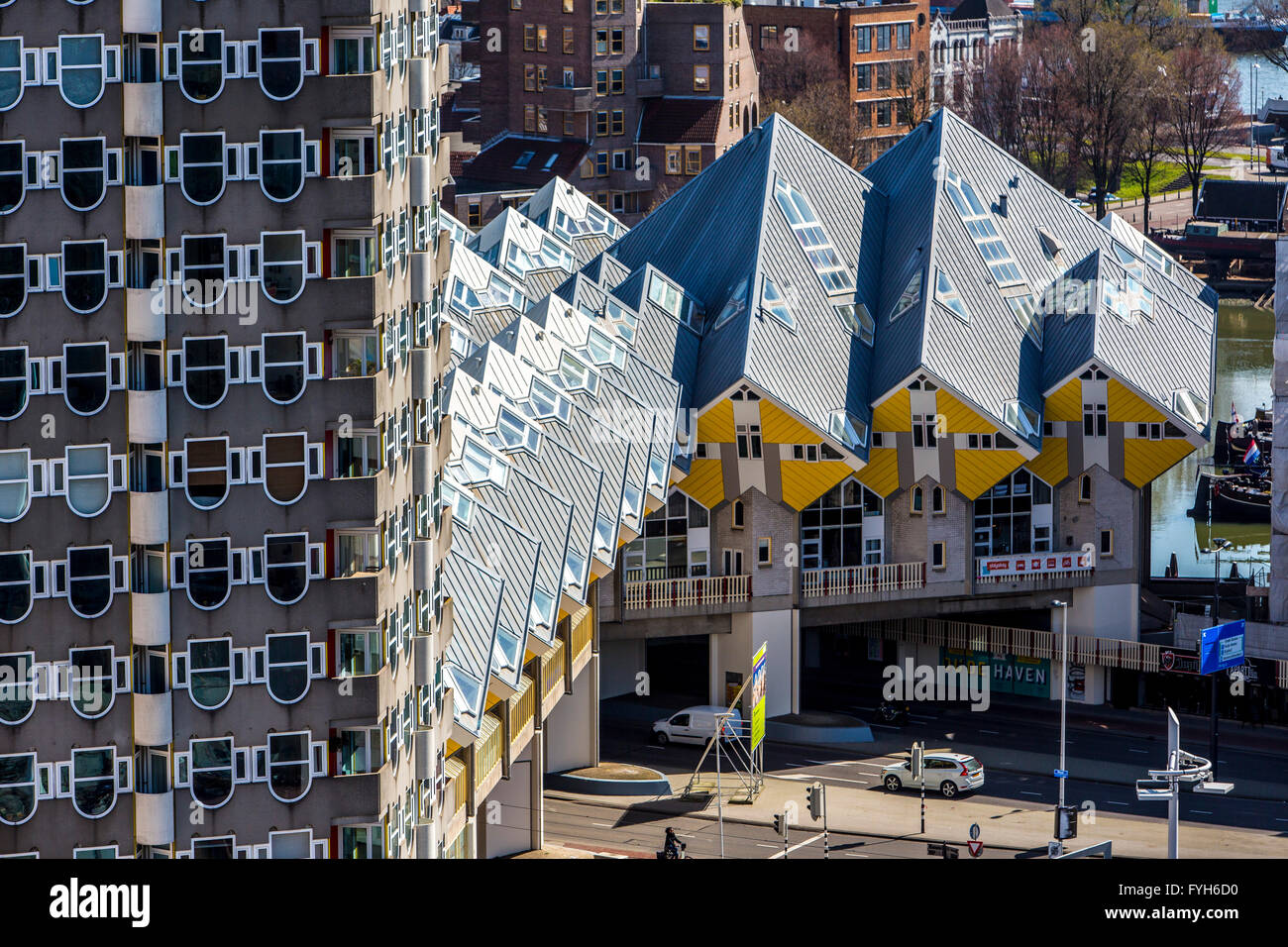 Downtown, skyline of Rotterdam, Blaak square cube residential buildings, and Kijk Kubus  houses in cube shape, Netherlands, Stock Photo