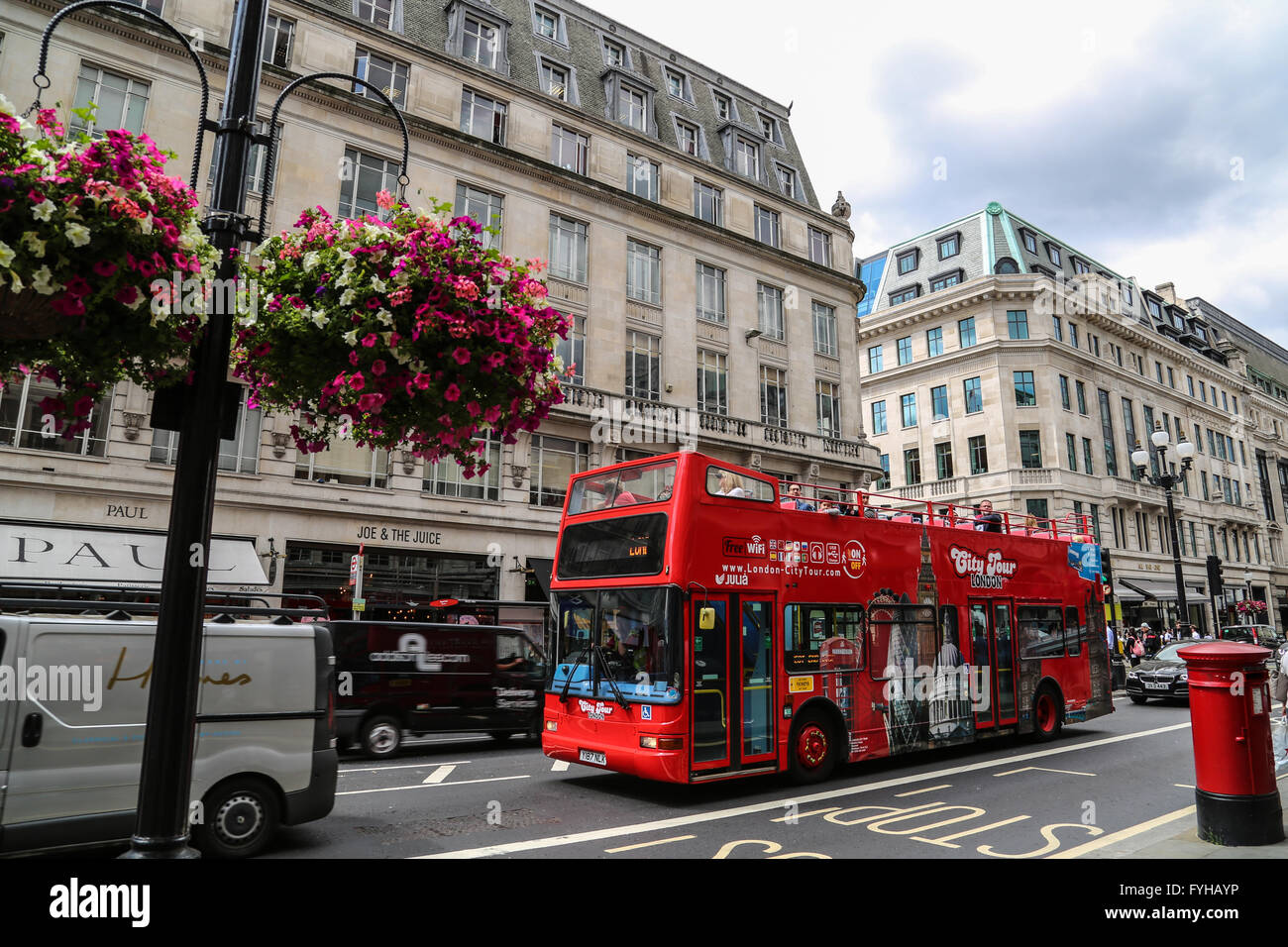 A classic red double decker London bus on Oxford Street. Stock Photo