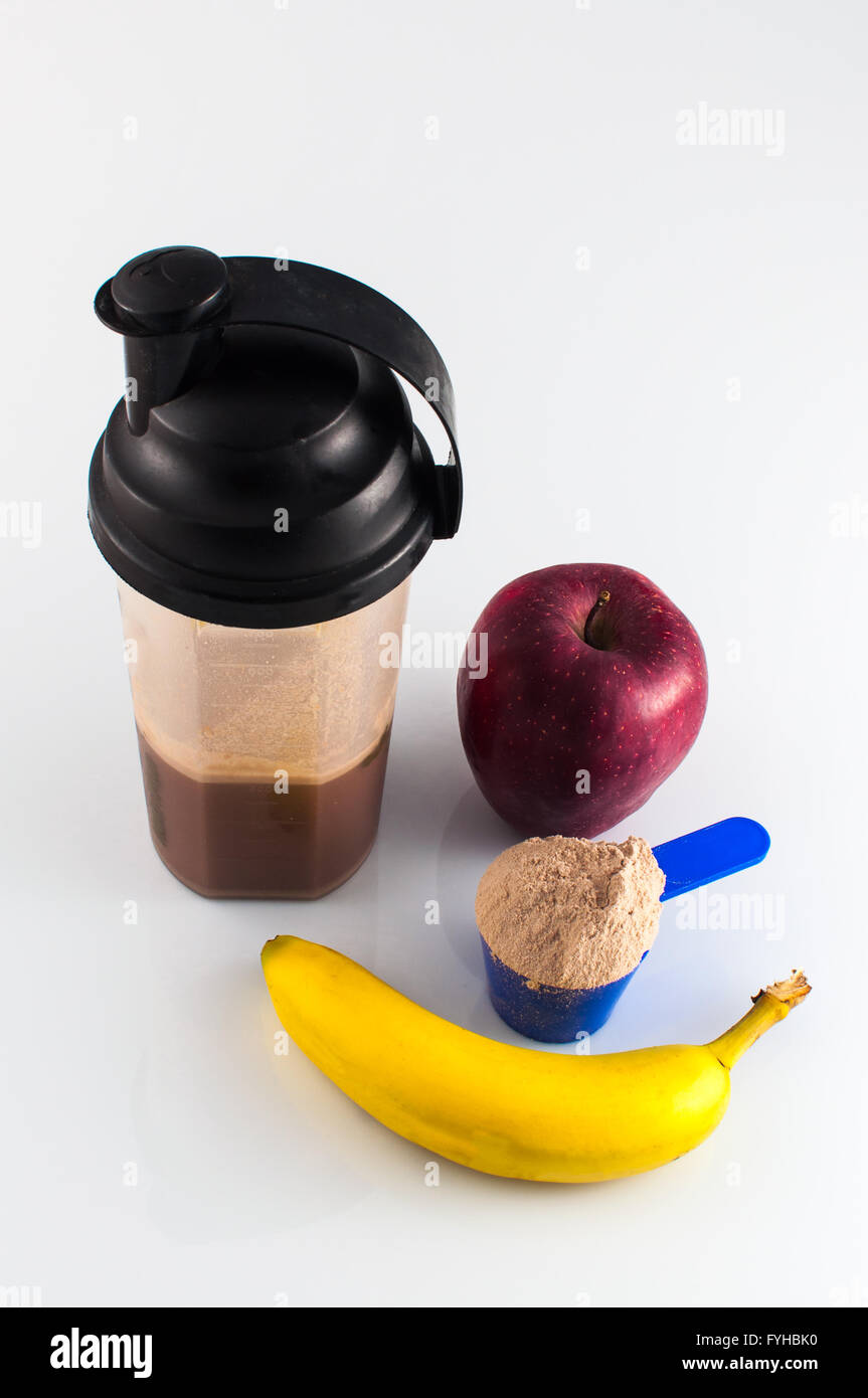 post workout meal with whey protein shaker banana and apple
