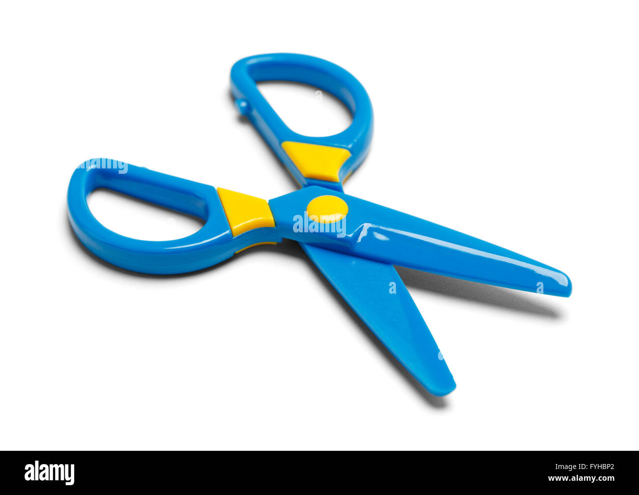 Open Blue and Yellow Plastic Scissors Isolated on White Background. Stock Photo