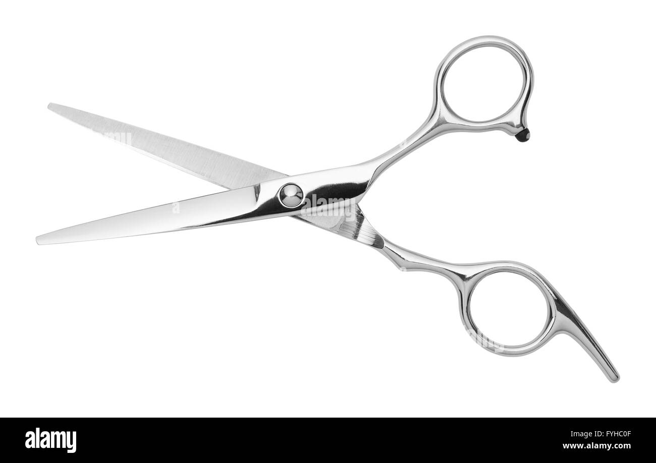 Open Silver Hair Cutting Scissors Isolated on White Background. Stock Photo
