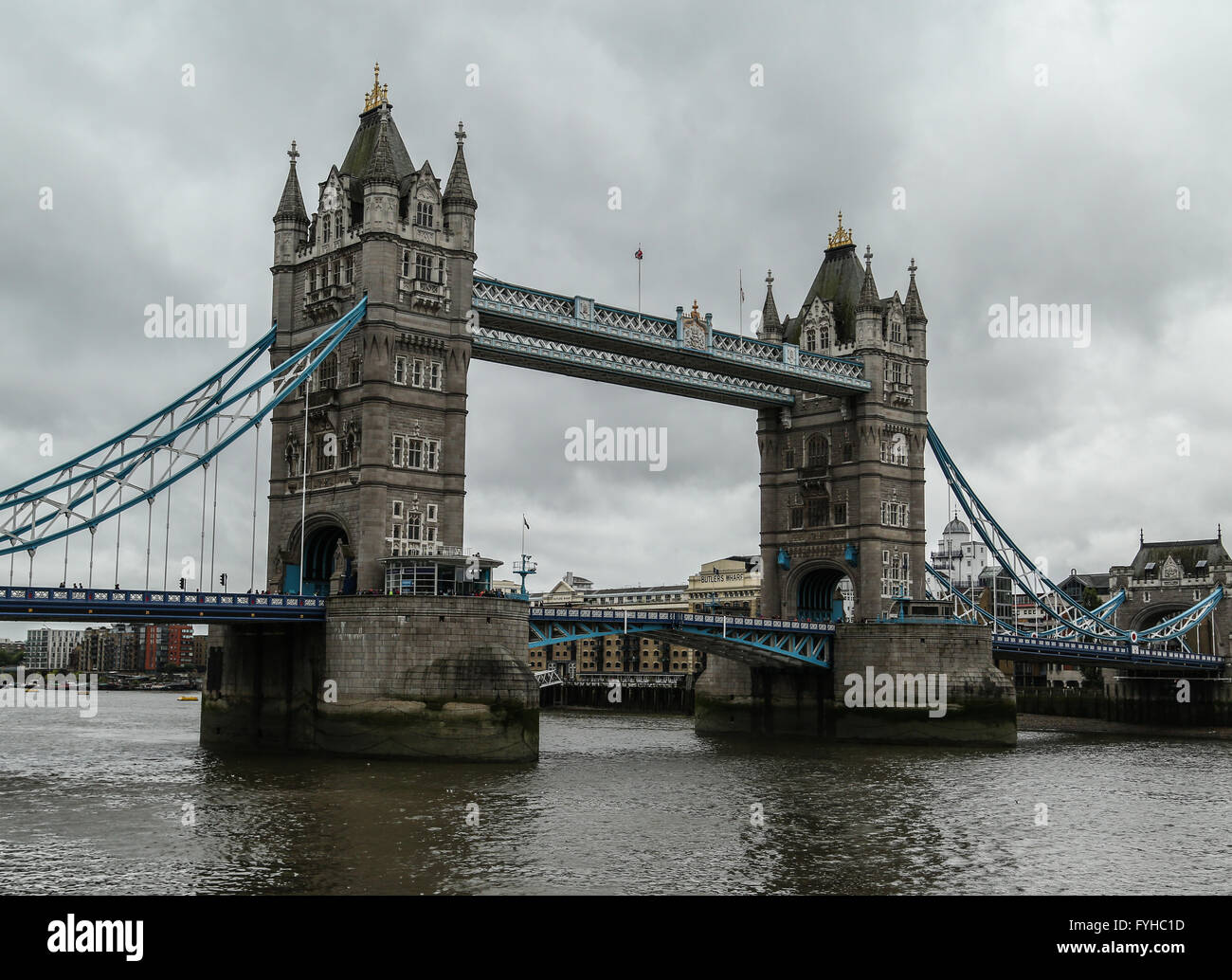 Tower Bridge on a gloomy, cloudy day in London, UK. Stock Photo