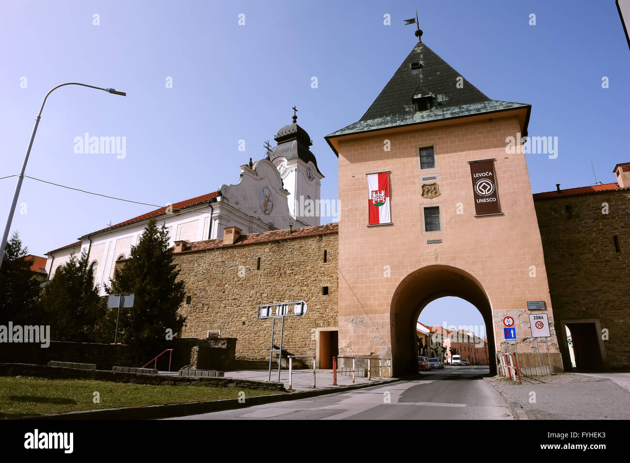 Levoca, PRESOV, SLOVAKIA - APRIL 03, 2016: Old town gate in historical center of Levoca, Slovakia. Stock Photo
