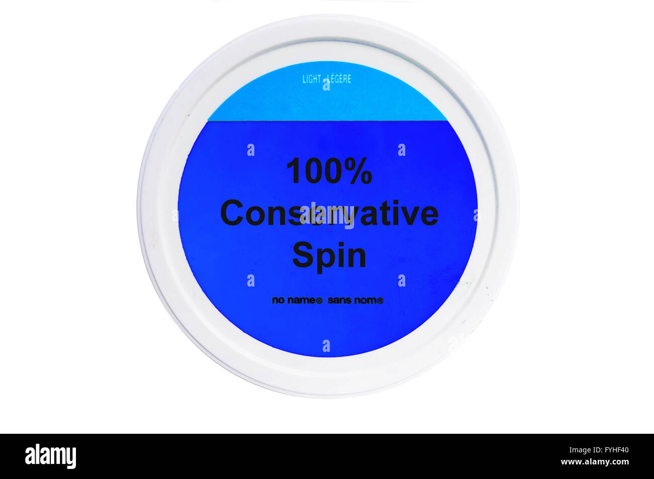 A tub with 100% Conservative Spin written on the label photographed against a white background. Stock Photo