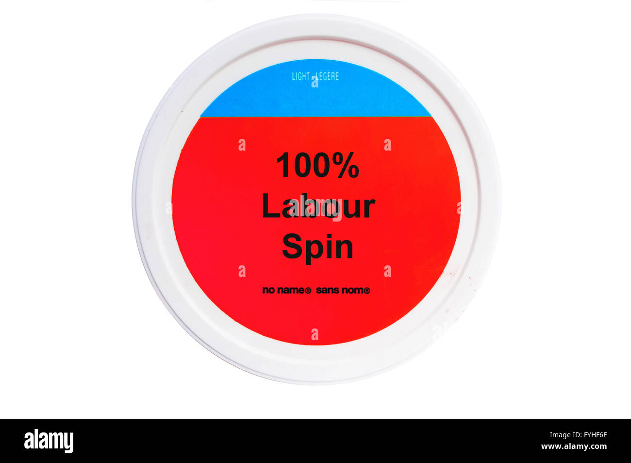 A tub with 100% Labour Spin written on the label photographed against a white background. Stock Photo