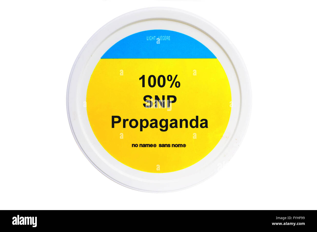 A tub with 100% SNP Propaganda written on the label photographed against a white background. Stock Photo