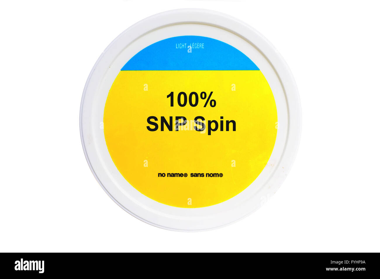A tub with 100% SNP Spin written on the label photographed against a white background. Stock Photo