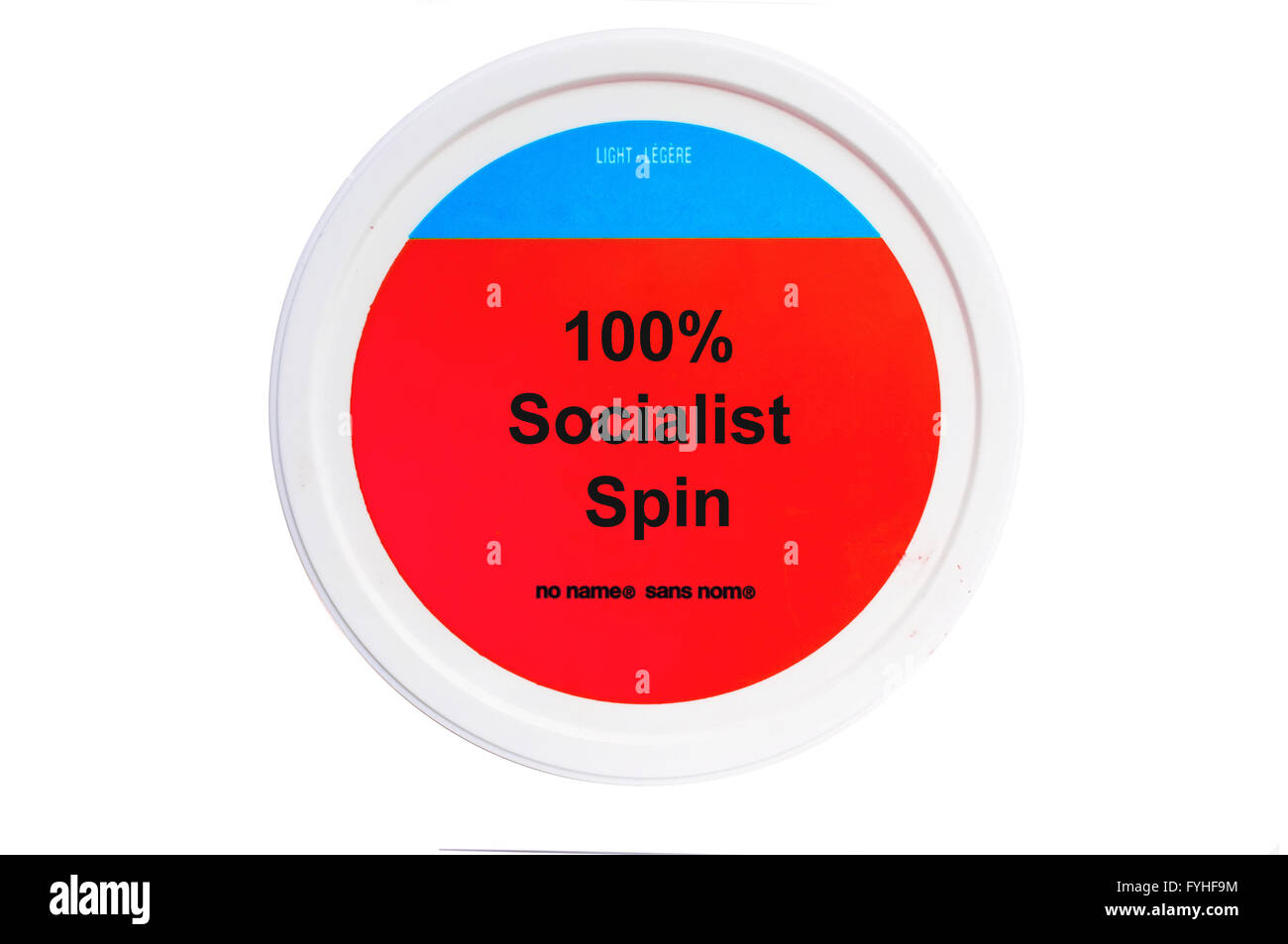 A tub with 100% Socialist Spin written on the label photographed against a white background. Stock Photo