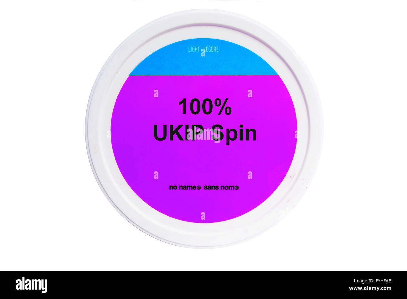 A tub with 100% UKIP Spin written on the label photographed against a white background. Stock Photo