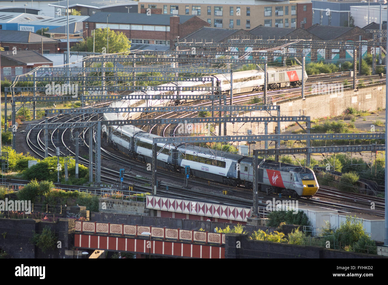 A Virgin InterCity East Coast High Speed Train approaching Leeds Railway Station in Yorkshire. Stock Photo