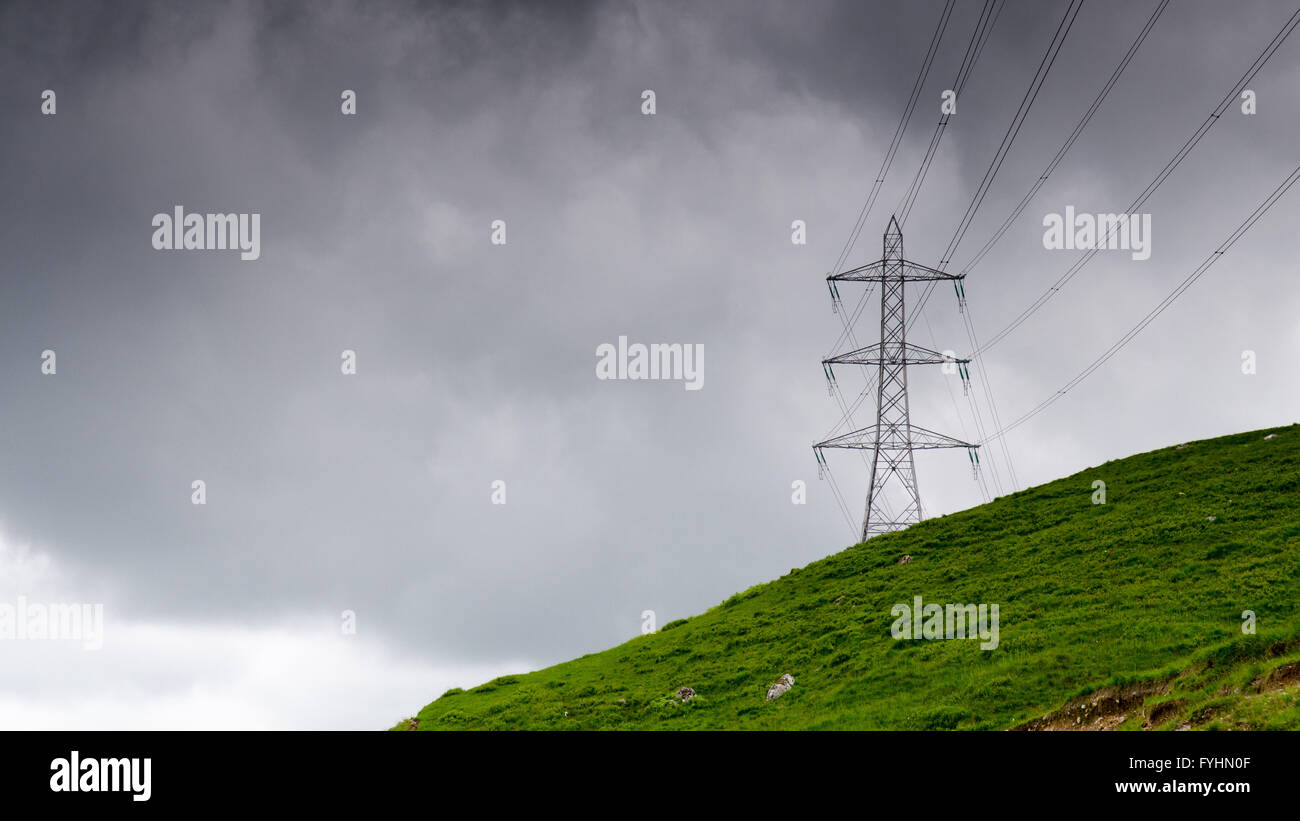 An electricity transmission line and pylon on Cruachan mountain in the