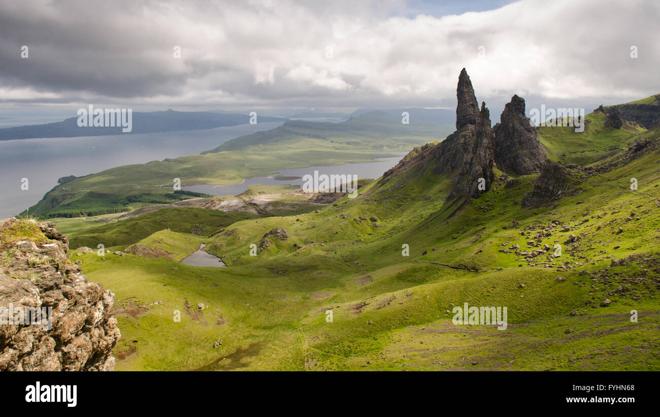 The fairytale landscape of the Trotternish peninsula on the Isle of Skye in the Highlands of Scotland. Stock Photo