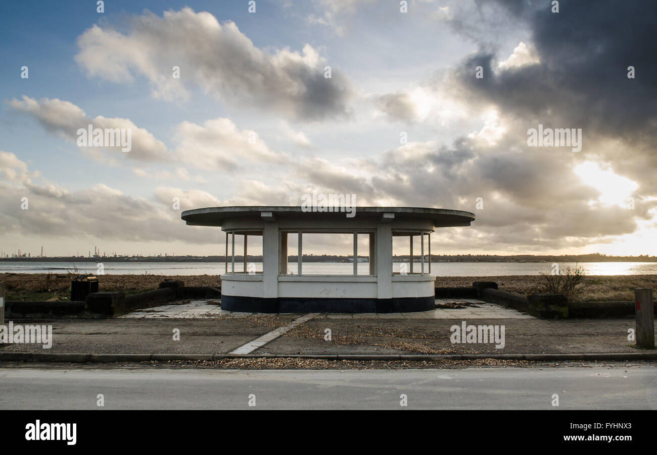 A 1930s modernist beach shelter at Weston Shore on Southampton Water. Stock Photo