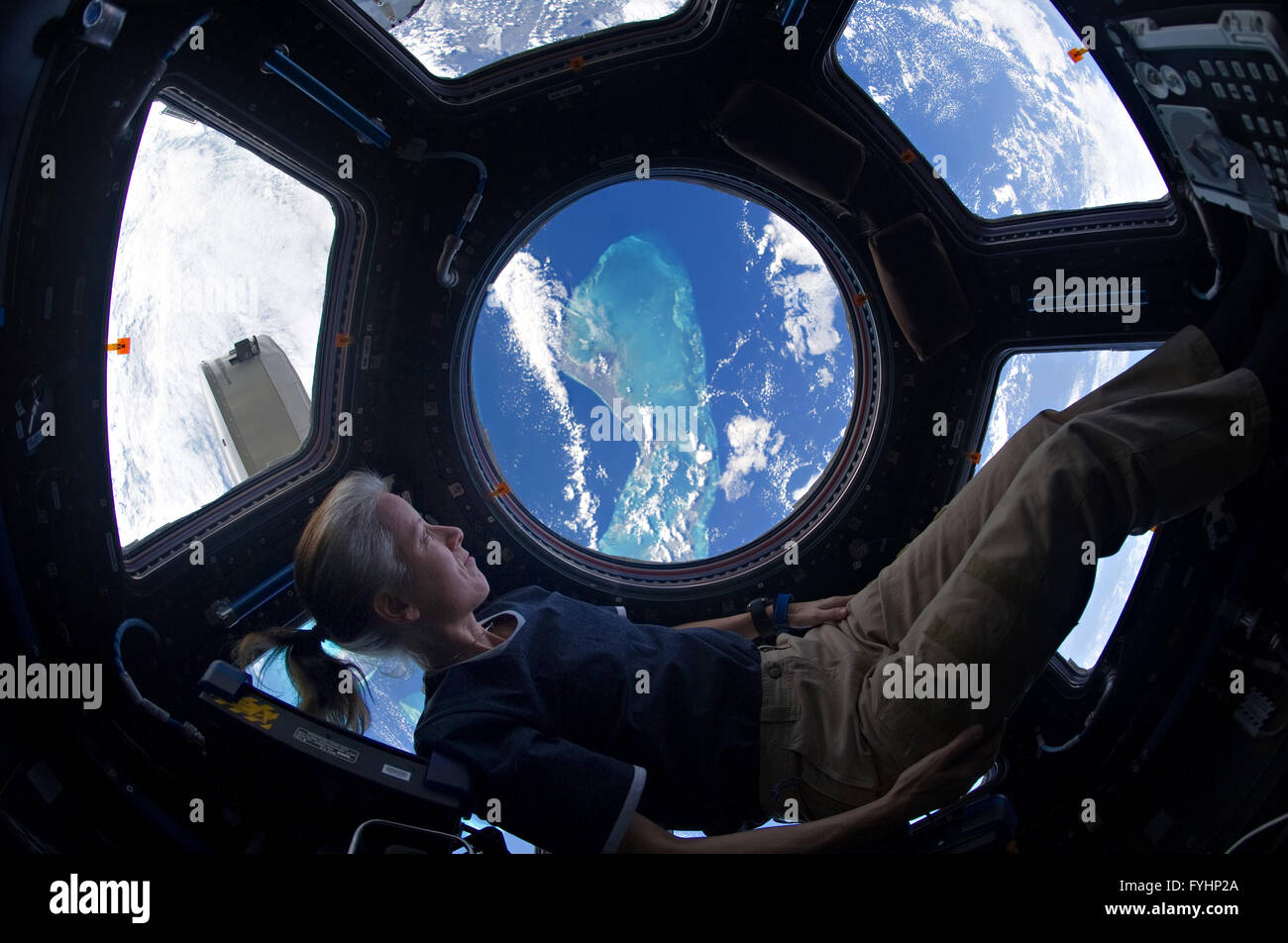 NASA astronaut Shannon Walker looking out of the International Space Station cupola windows at the Caribbean view beneath November 25, 2010 in Earth Orbit. Stock Photo