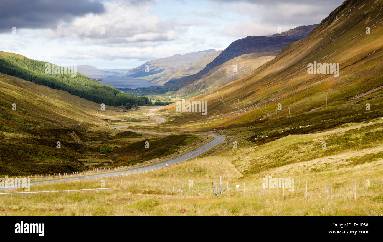 Climbing Glen Docherty in the Highlands of Scotland. The A832 road follows the floor of this classic glacial valley. Stock Photo
