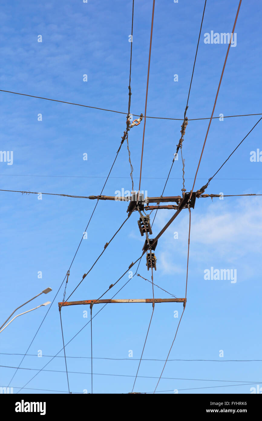 Railroad railway catenary lines against clear blue sky. Stock Photo