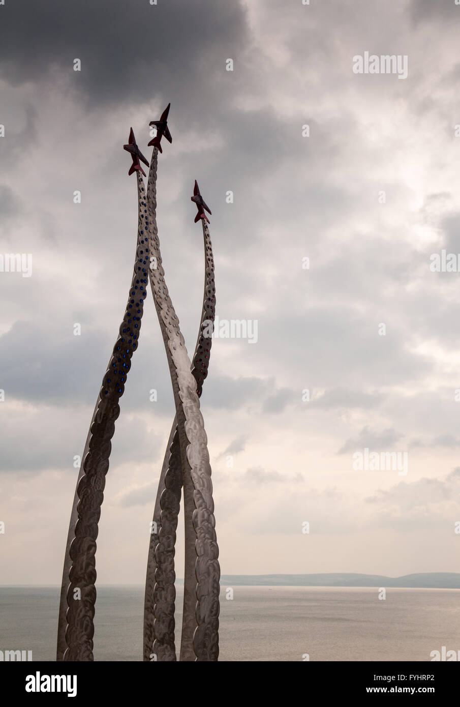 Bournemouth, England - February 23, 2013: The polished metal memorial sculpture to the Red Arrows in Bournemouth, Dorset. Stock Photo