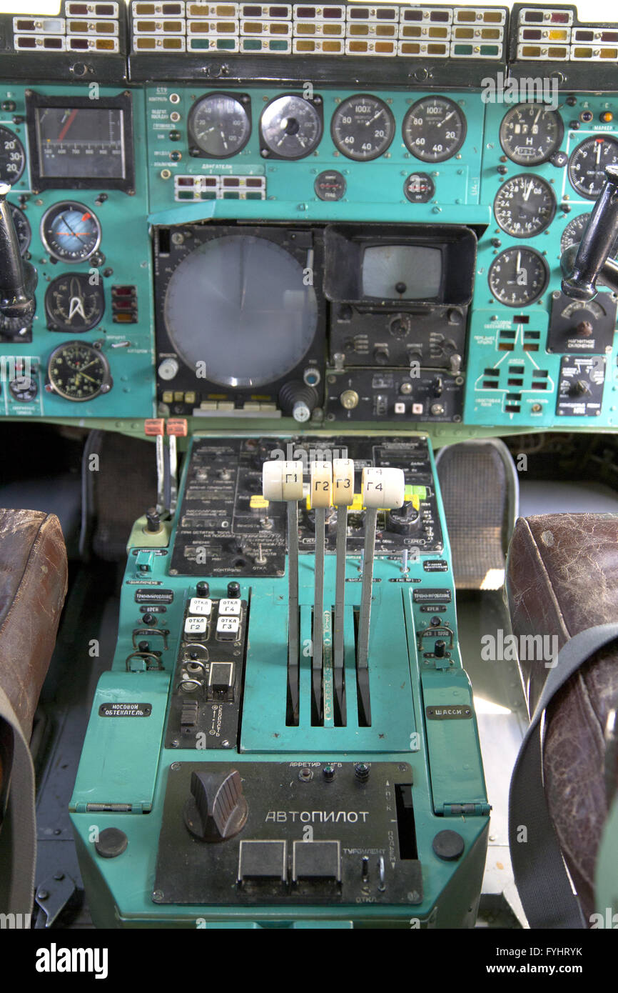 Airplane Cockpit thrust levers with hand on top for takeoff, Tu-144. Stock Photo