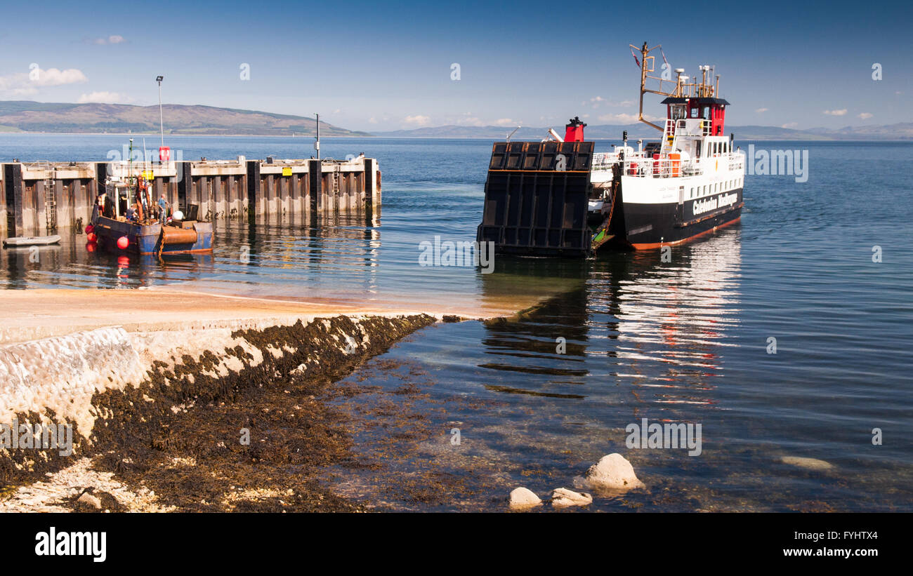 A 'CalMac' Caledonian MacBrayne Ferry at Lochranza on the Isle of Arran. Stock Photo