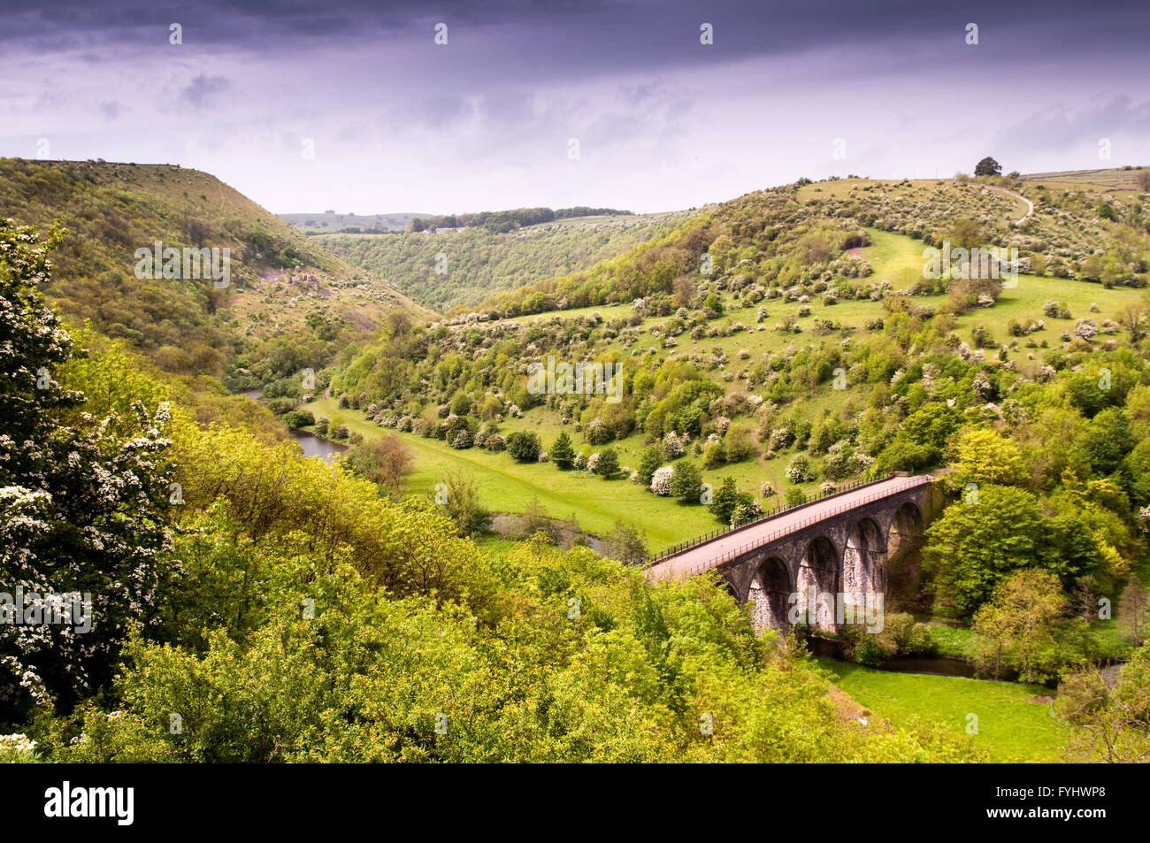 The Midland Railway Headstone Viaduct, now part of the Monsal Trail cycleway, in Monsal Dale in England's Peak District. Stock Photo