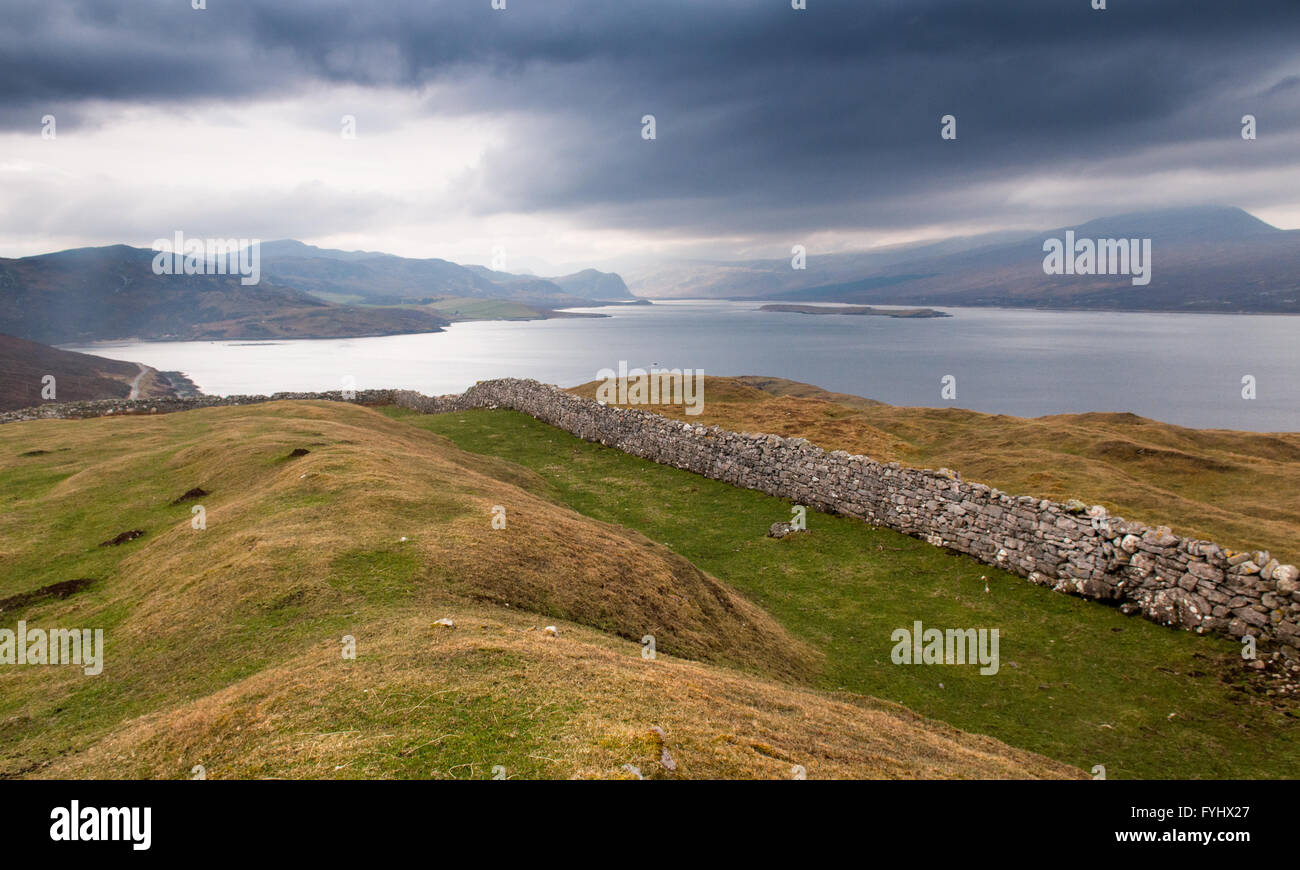 Mountains line the sea loch inlet at Loch Eriboll on the Far North coast of the Highlands of Scotland in Sutherland. Stock Photo