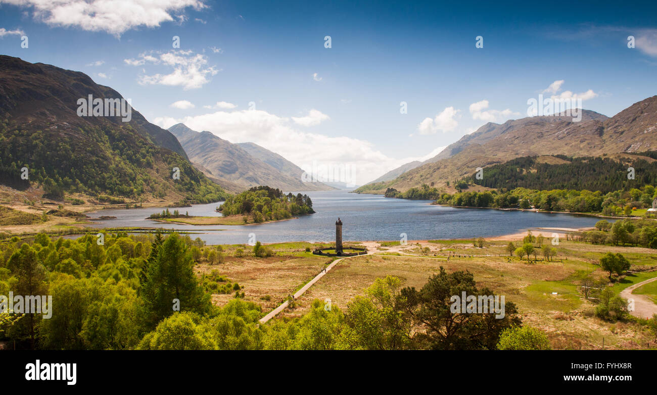 Loch Shiel under mountains at Glenfinnan in the Highlands of Scotland, with the Glenfinnan Monument to Charles Edward Stuart. Stock Photo