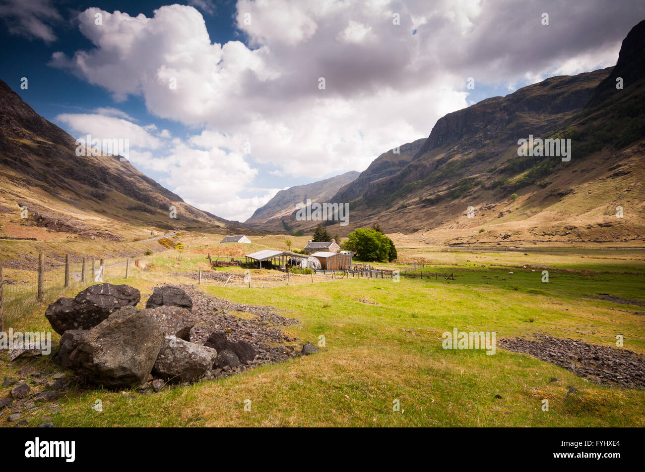 Farmland in the valley floor of Glen Coe in the Highlands of Scotland. Stock Photo