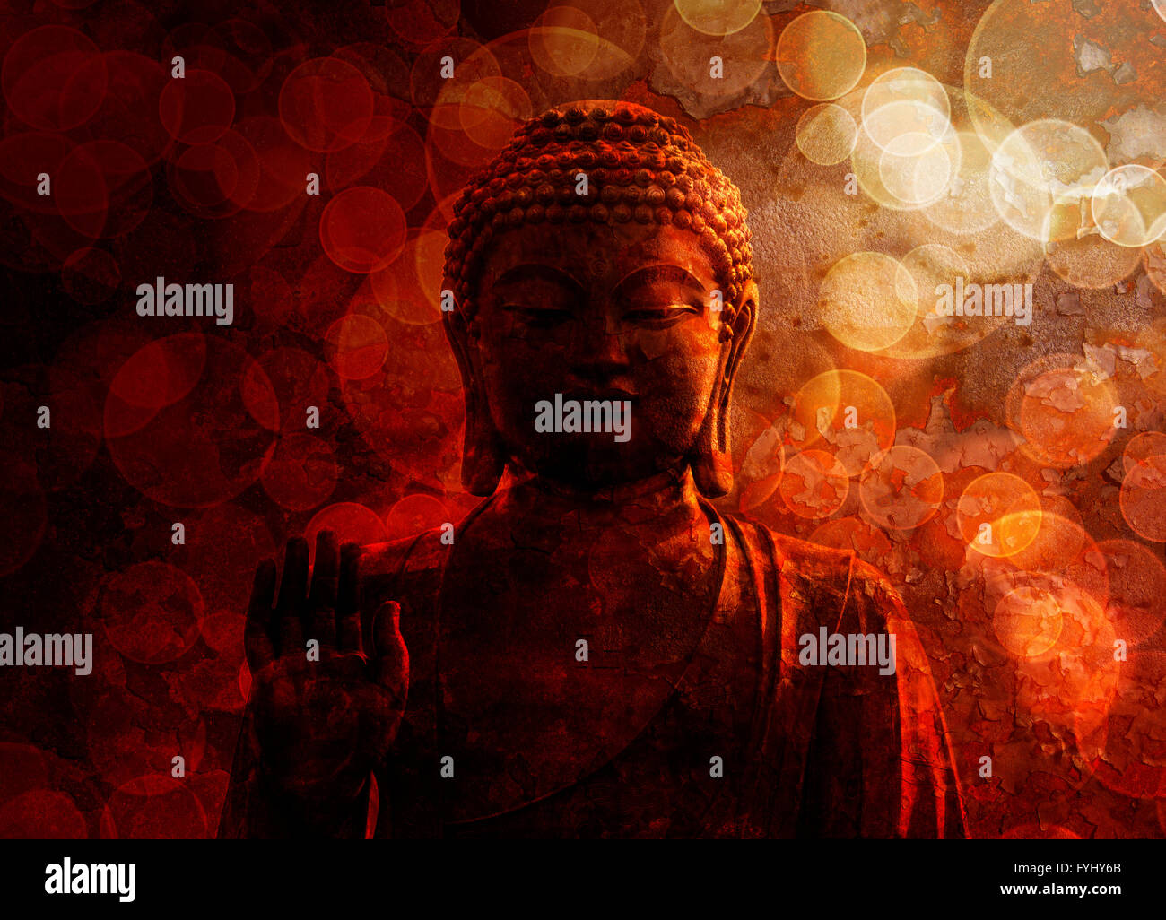 Bronze Zen Buddha Statue Raised Palm with Blurred Textured Red Background Stock Photo