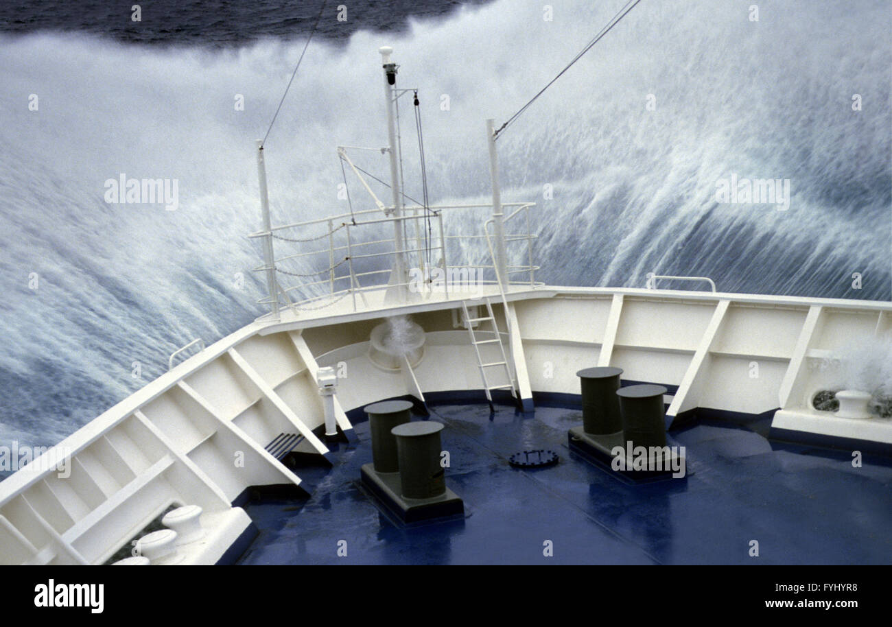 Big wave hits foredeck Stock Photo
