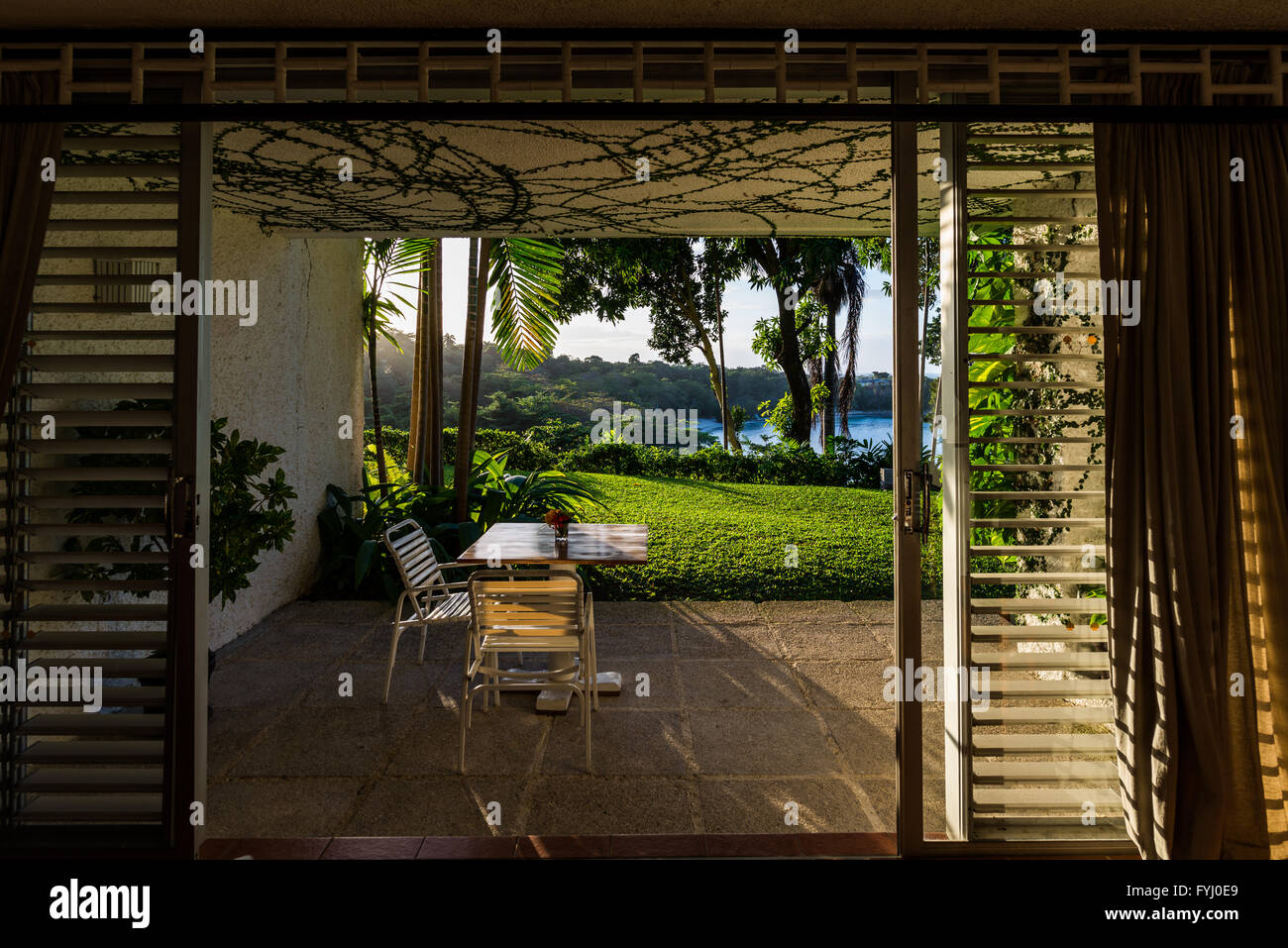 Ocean view from inside a vacation villa. Jamaica, Caribbeans. Stock Photo