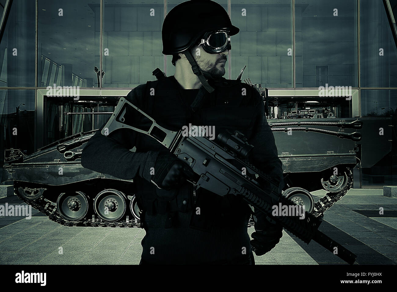 Tank, Defense of building, protecting a business complex Stock Photo